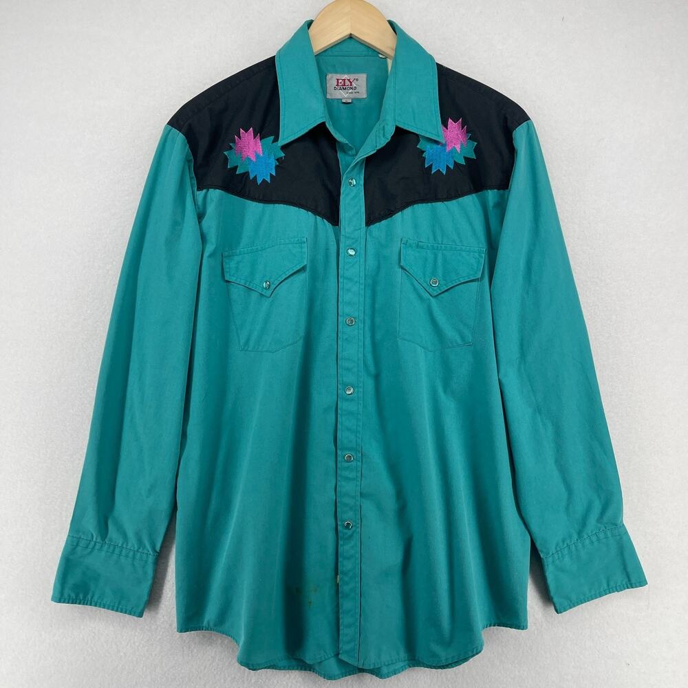 ELY DIAMOND Shirt Mens L Western Ranch Star Pearl Snap Cowboy Teal Blue Vtg